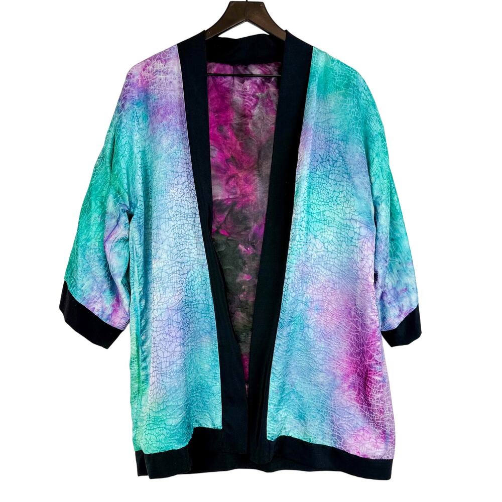 Unbranded Silk Reversible Kimono Cardigan Sweater Tie Dye Blue Womens One Size